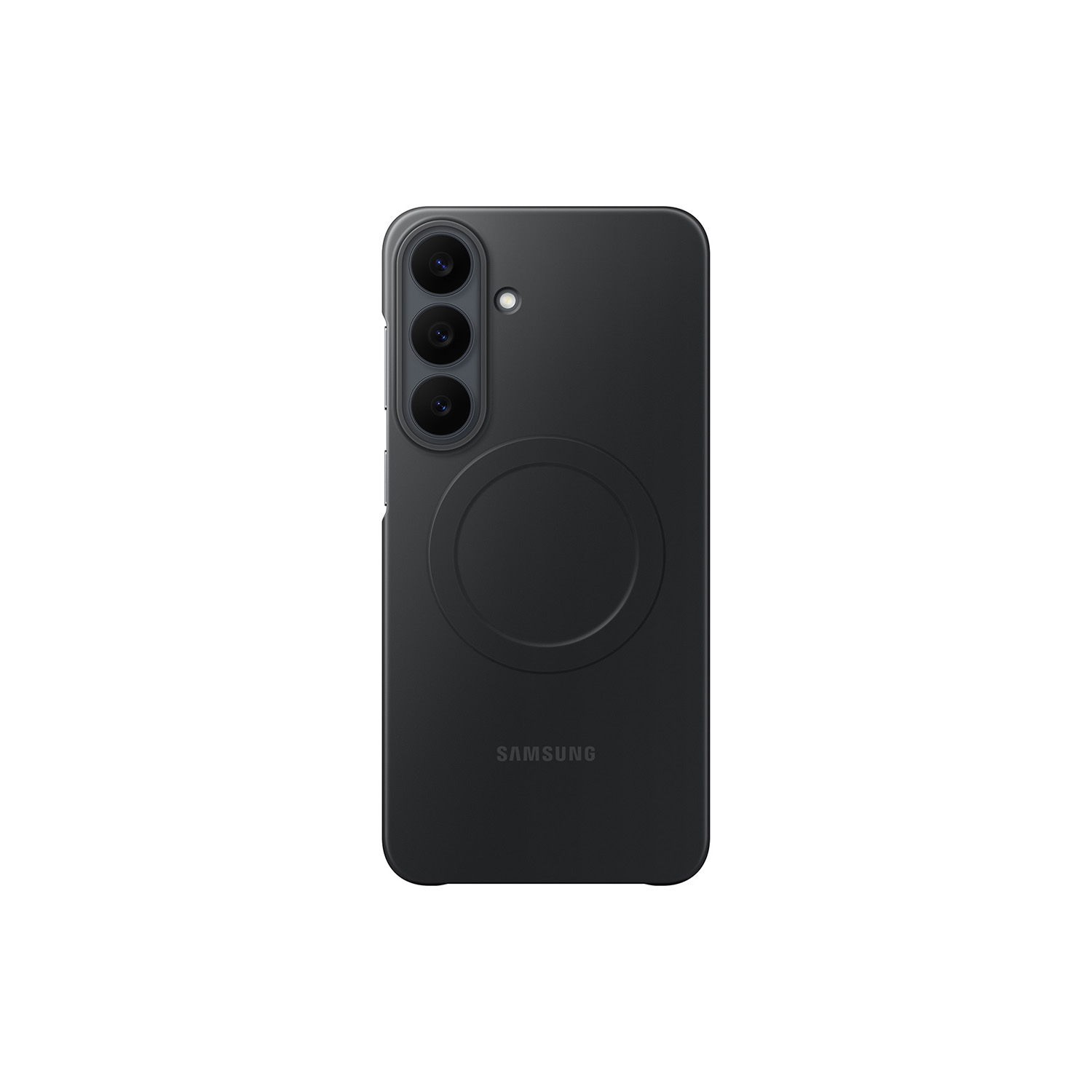 Parte trasera de un smartphone Samsung negro con tres cámaras verticales y un diseño circular.