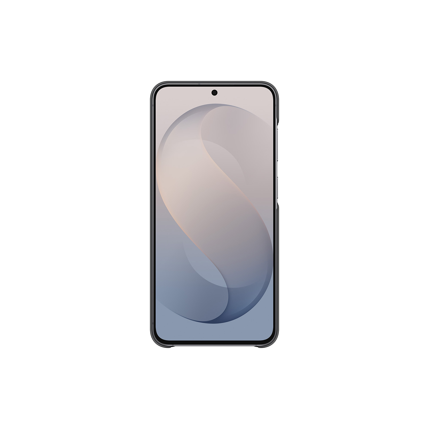 Un teléfono inteligente en funda con fondo de pantalla abstracto y cámara frontal centrada.