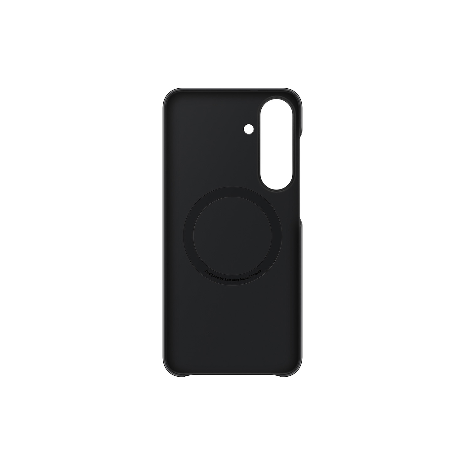 Una funda de smartphone negra con un anillo magnético circular en la parte posterior y recortes para cámara.