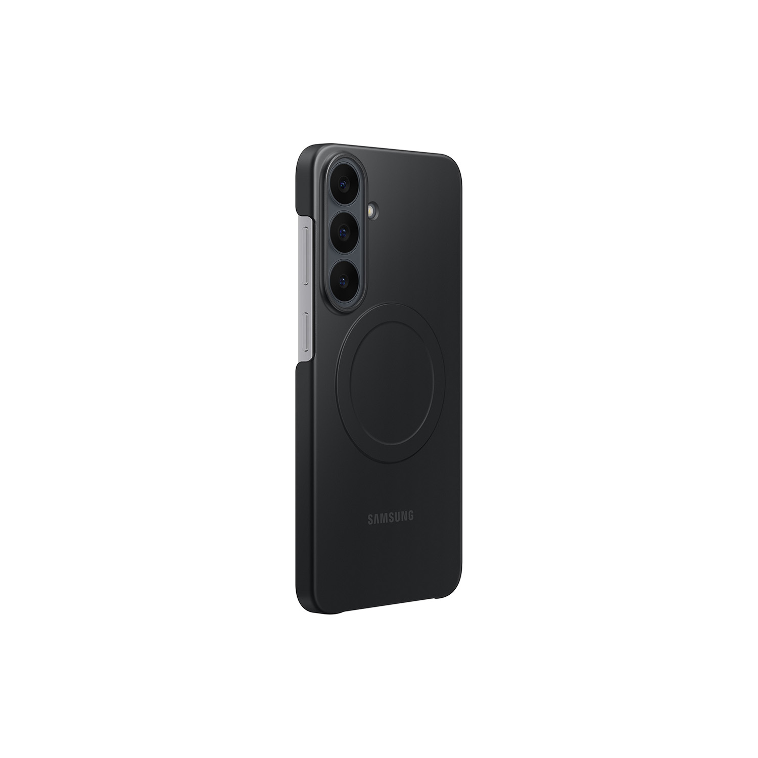 Smartphone Samsung negro con funda y tres cámaras traseras sobre fondo blanco.