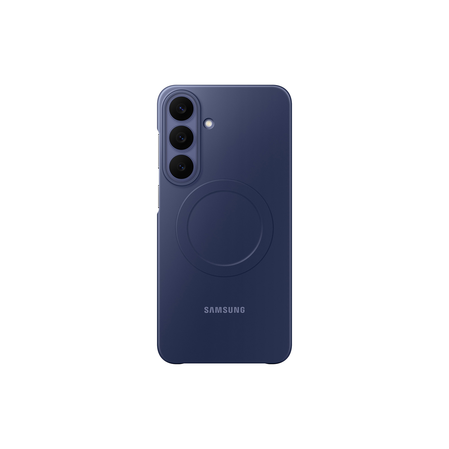 Funda azul para smartphone Samsung con tres cámaras verticales y un patrón circular sobre fondo blanco.