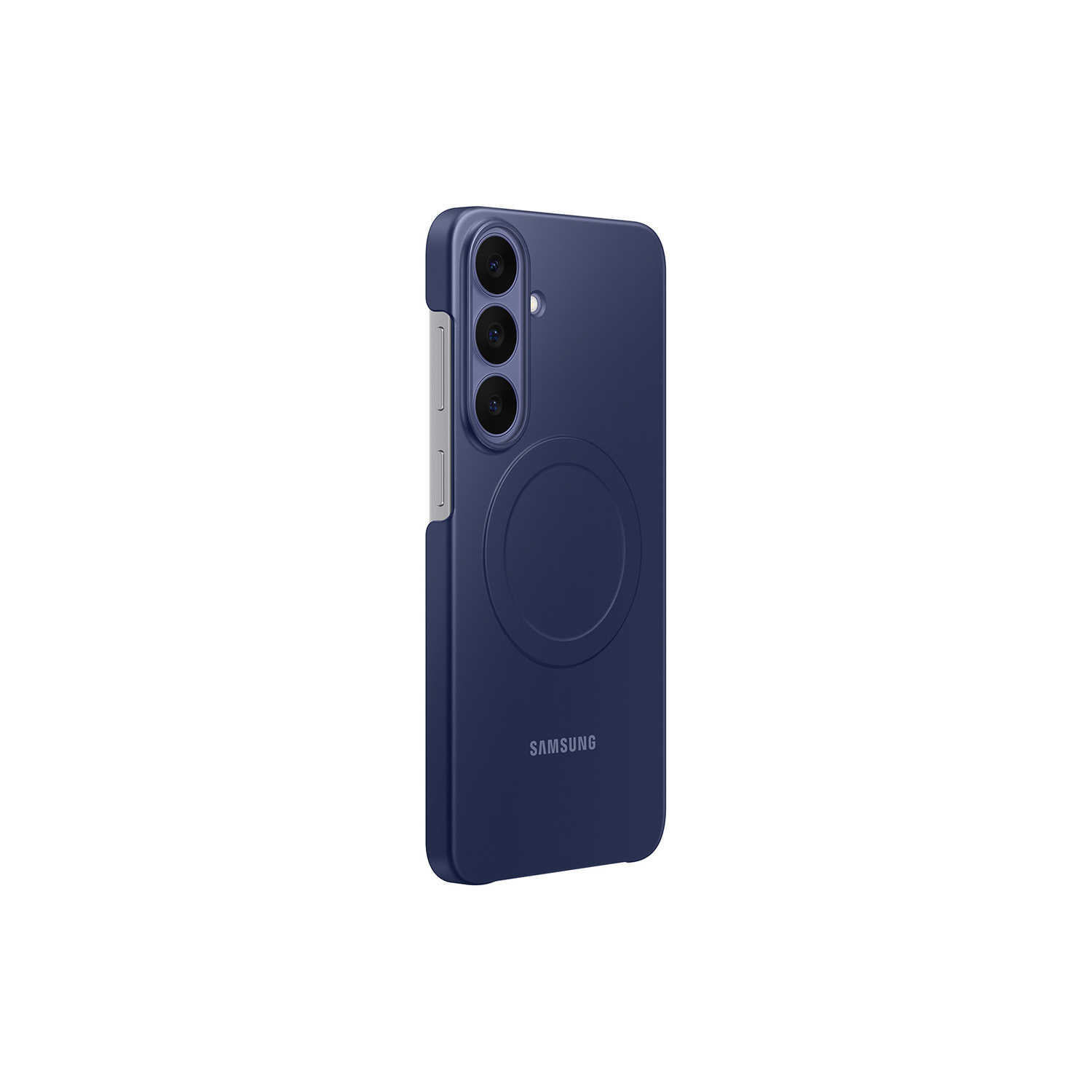 Funda de teléfono Samsung azul oscuro con tres lentes verticales sobre fondo blanco.