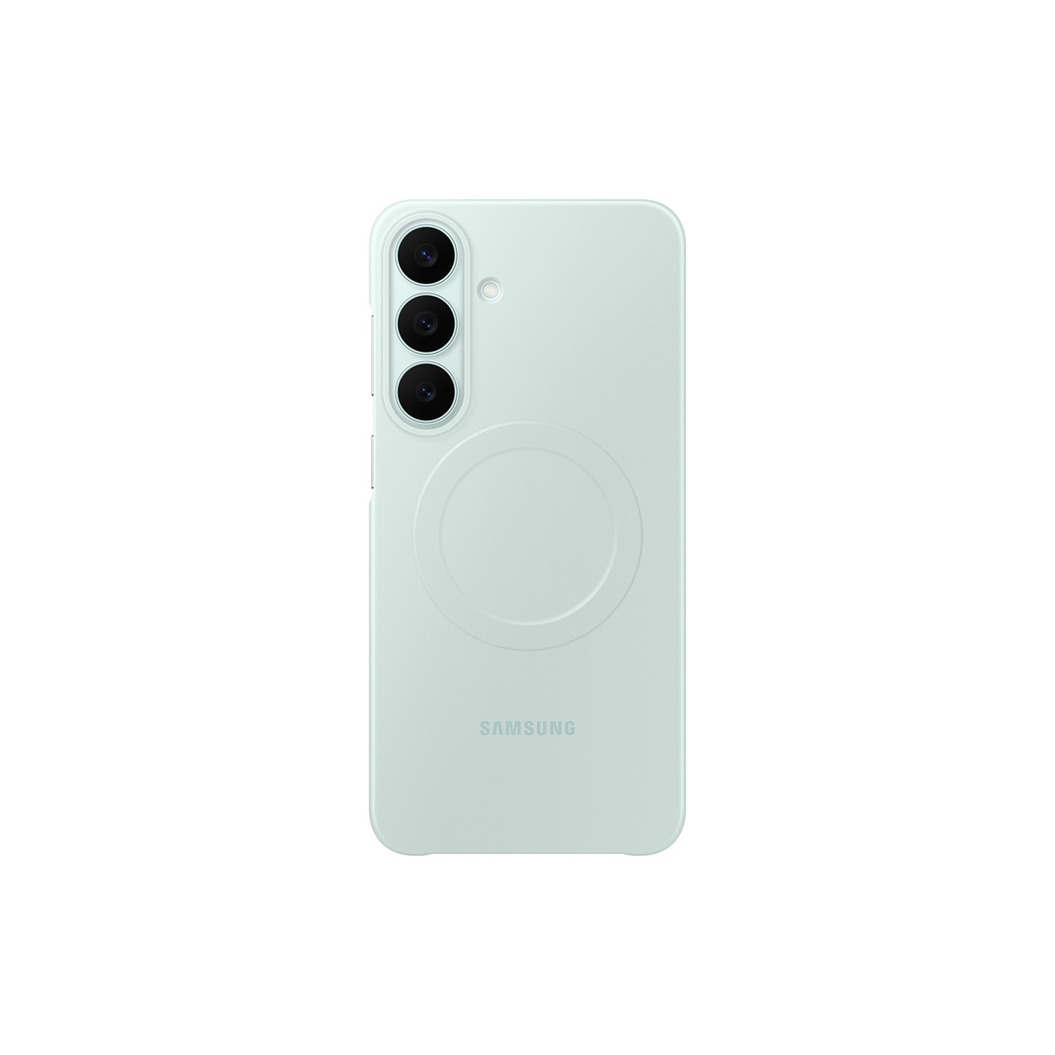 Parte trasera de un smartphone Samsung verde menta con triple cámara vertical y relieve circular.