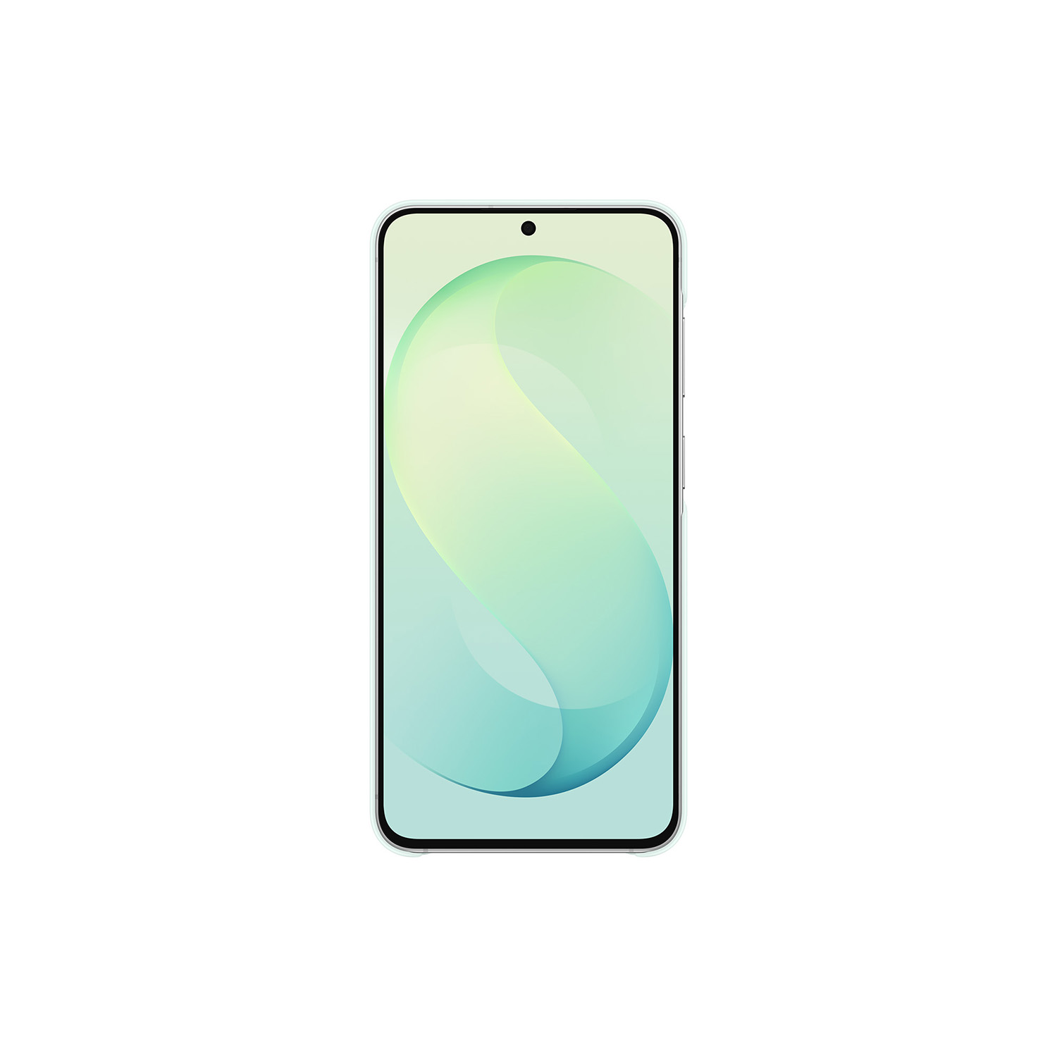 Un smartphone con un fondo abstracto curvo verde claro y azul en la pantalla.