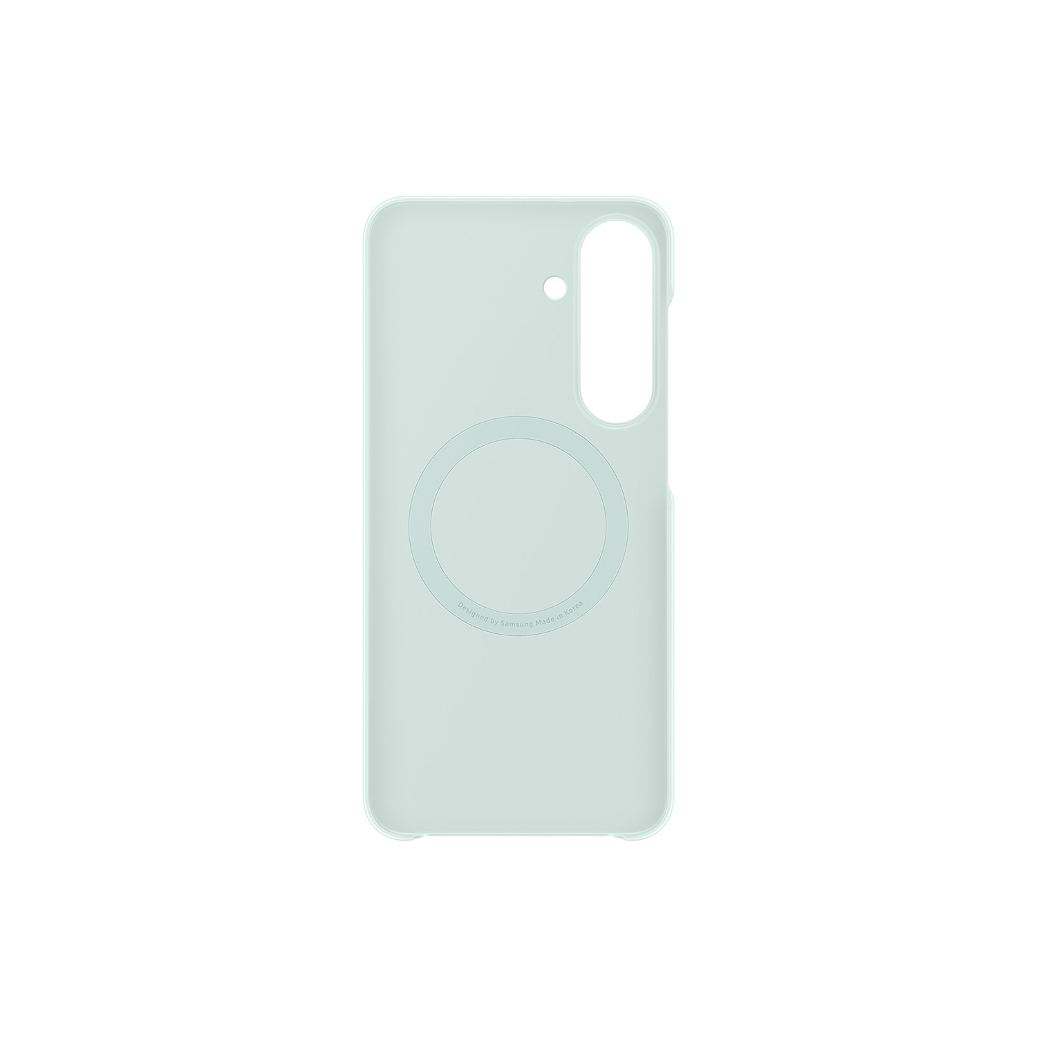 Una funda de móvil verde claro con anillo magnético circular y recorte de cámara.