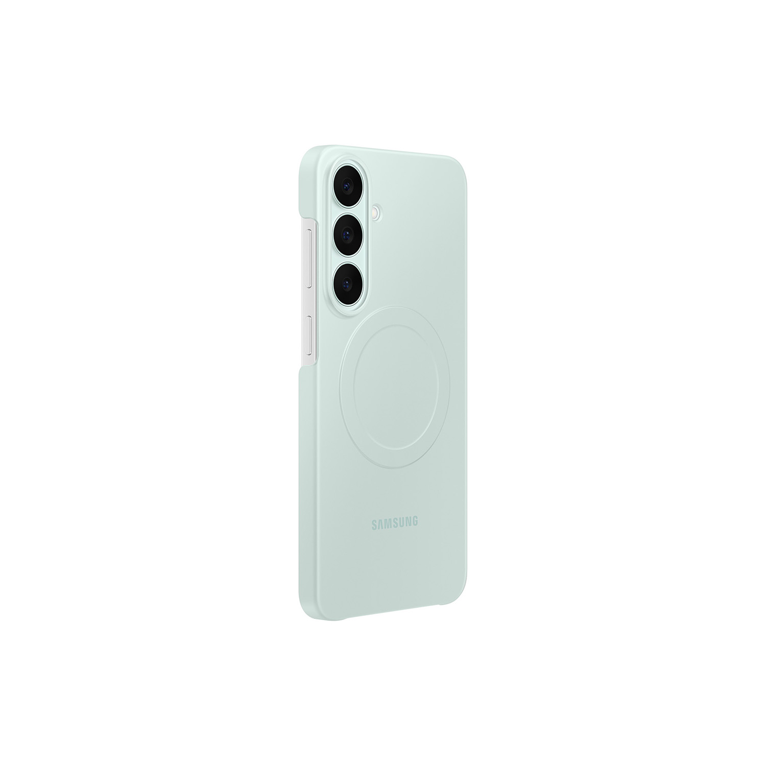 Un smartphone Samsung verde claro en funda protectora desde atrás, con tres lentes de cámara verticales y un logotipo circular.