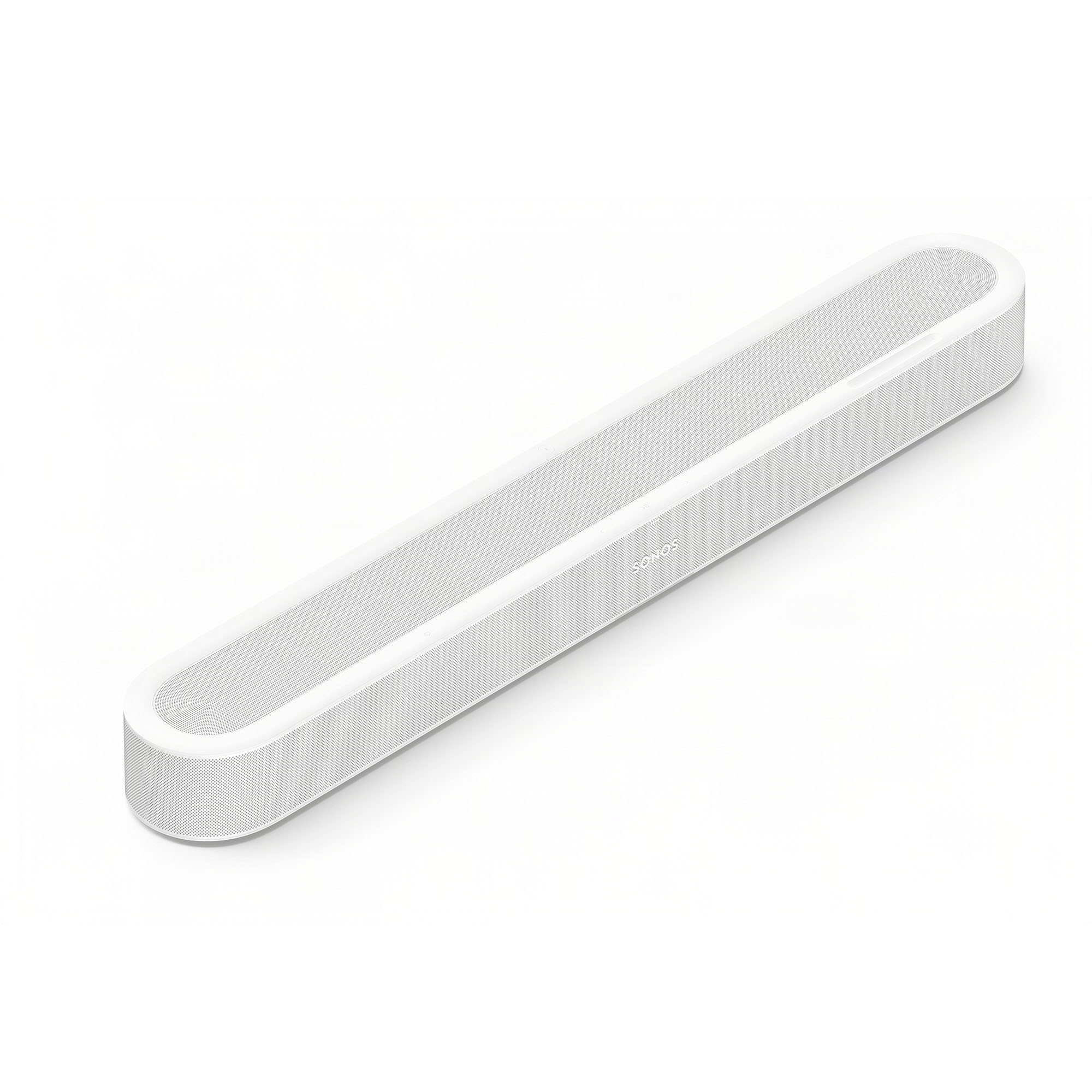 Una barra de sonido Sonos blanca reposa en diagonal sobre fondo blanco.