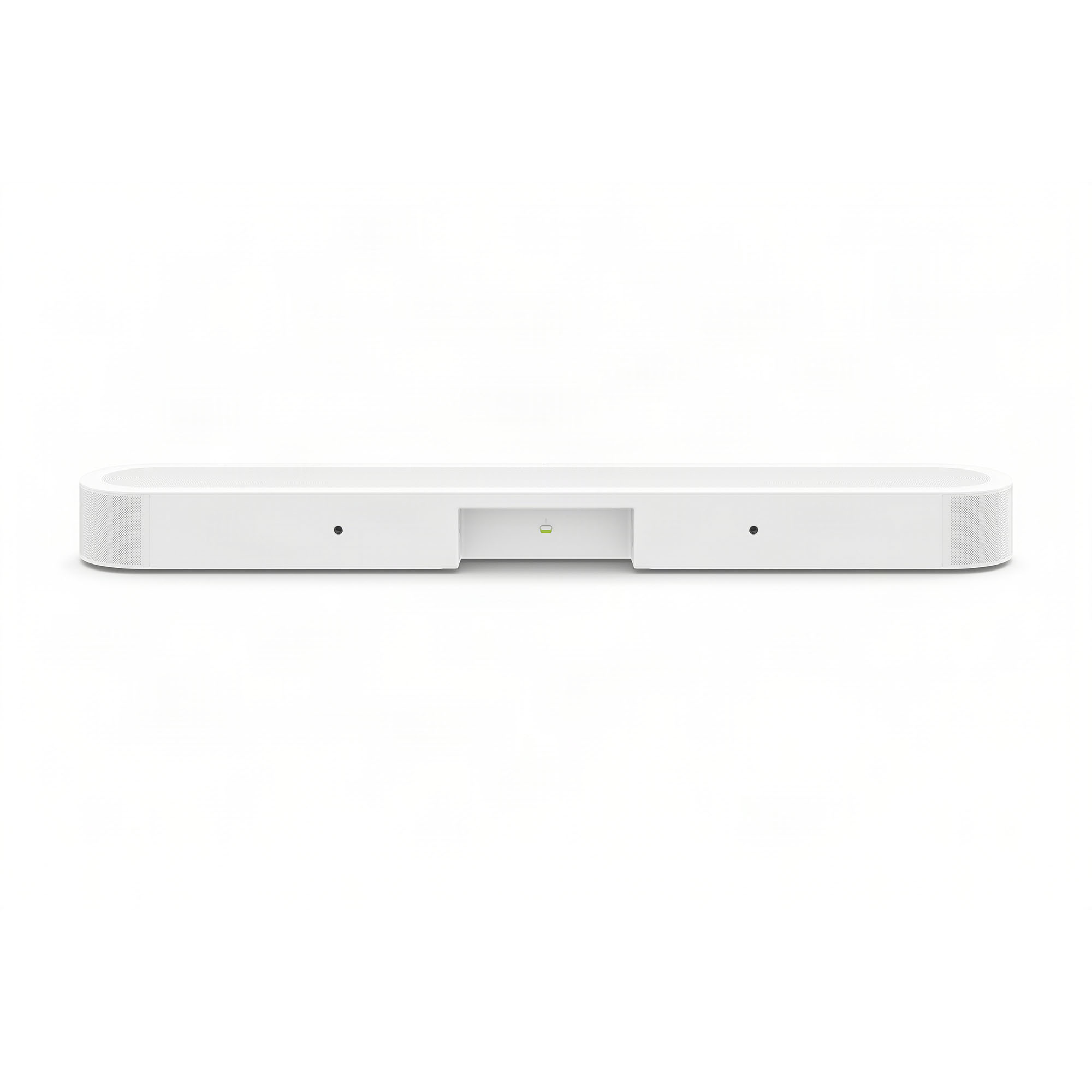 Una barra de sonido blanca con un diseño elegante y puertos centrales, sobre fondo blanco.