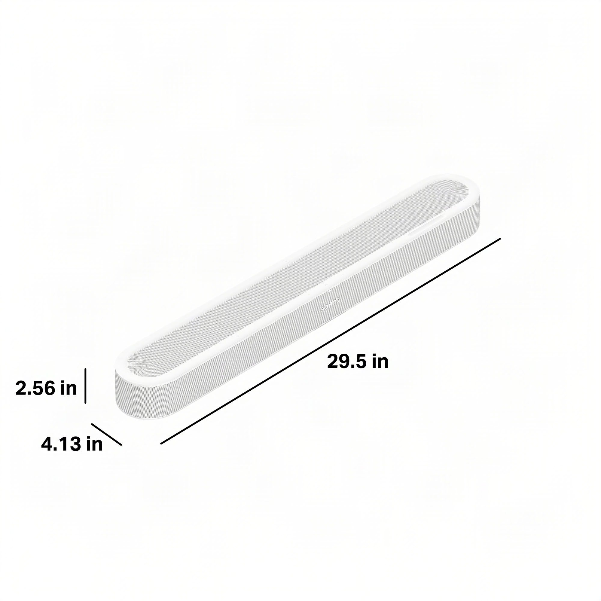 Una barra de sonido blanca con líneas de dimensión que muestran 29,5 pulgadas de largo, 4,13 de ancho y 2,56 de alto.