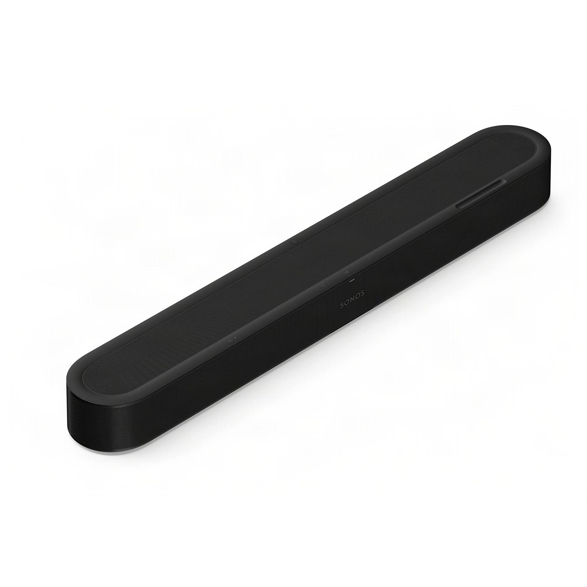 Una barra de sonido Sonos negra descansa diagonalmente sobre un fondo blanco.