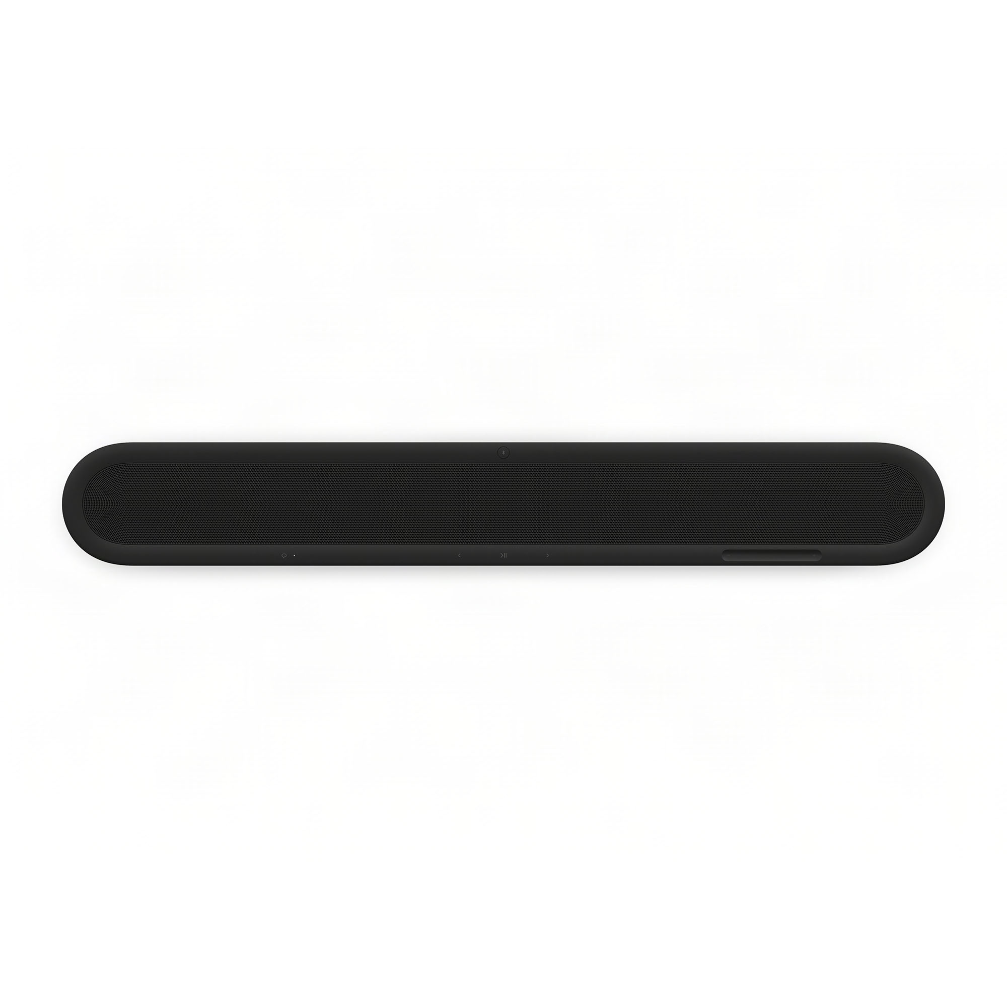 Una barra de sonido alargada y elegante de color negro con rejilla central está centrada sobre un fondo blanco.