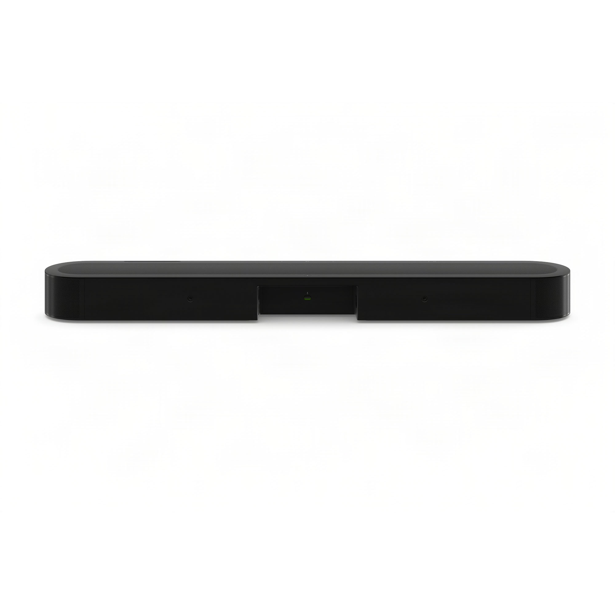 Una barra de sonido negra y elegante centrada horizontalmente sobre un fondo blanco.
