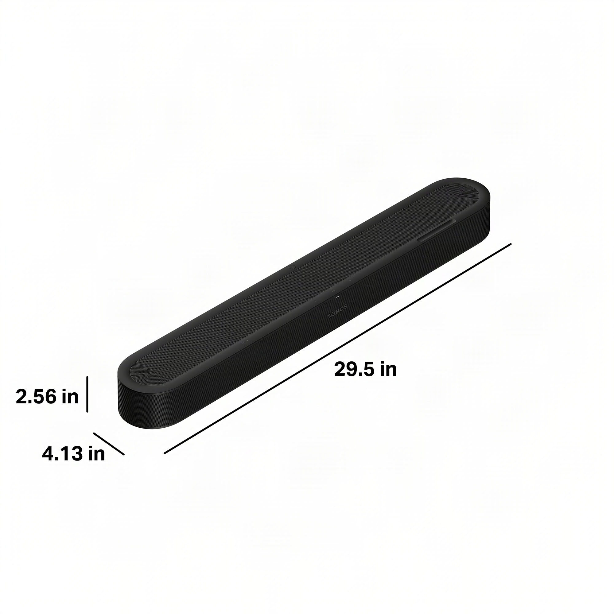 Barra de sonido Sonos negra con dimensiones de 29.5 x 4.13 x 2.56 pulgadas sobre fondo blanco.