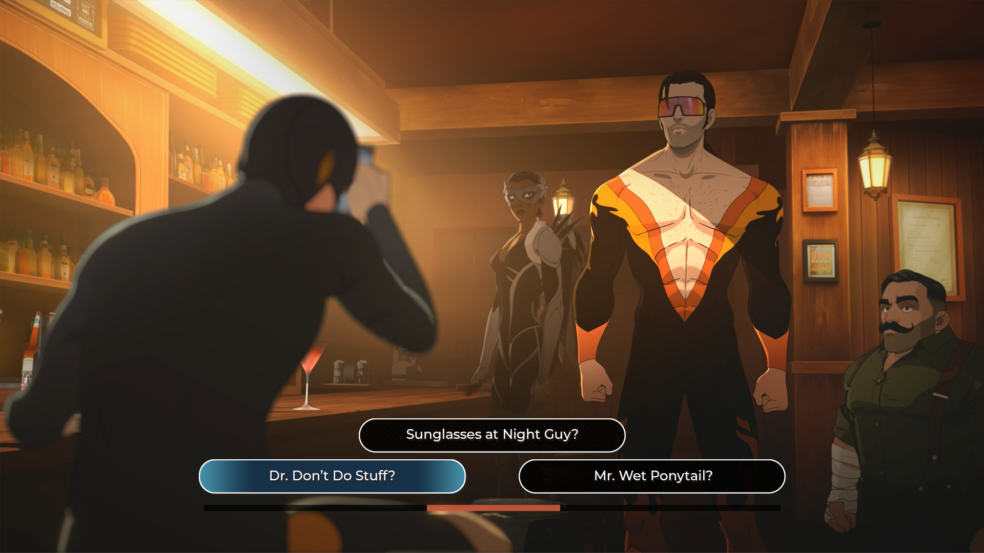 Una escena animada en un bar poco iluminado con personajes y opciones de diálogo.