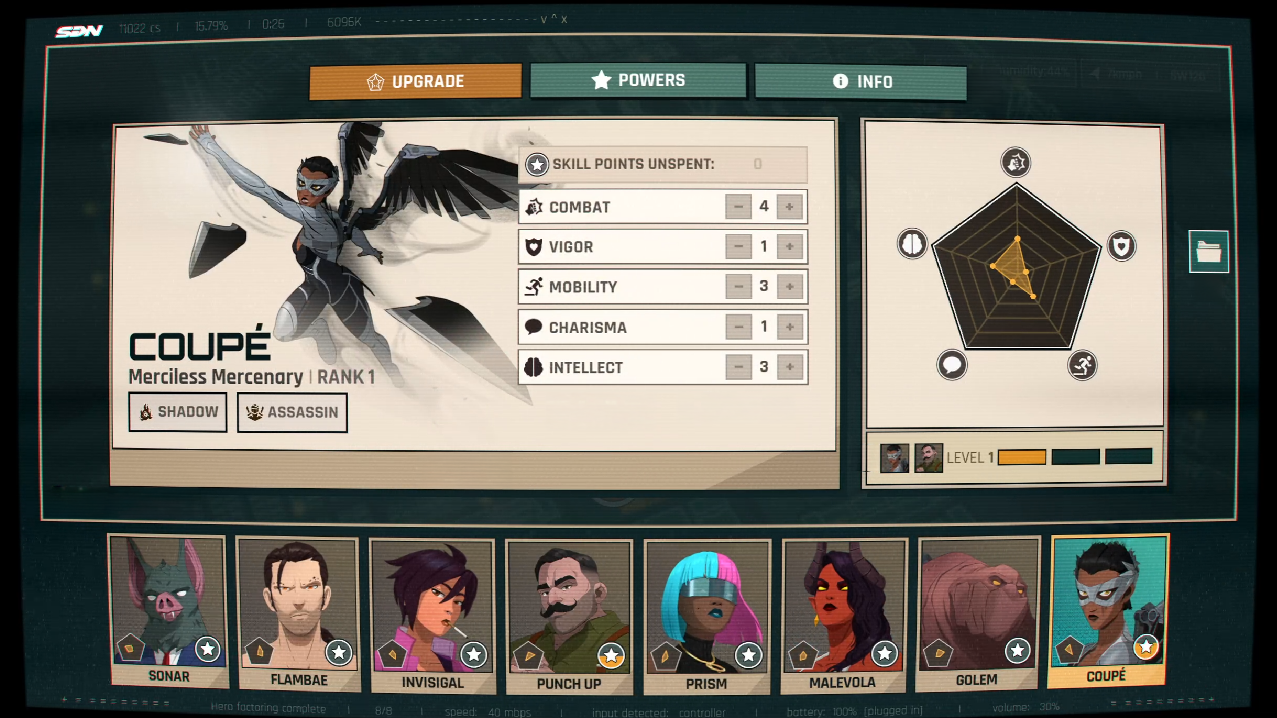 Menú de juego que muestra las estadísticas del personaje Coupe abajo.