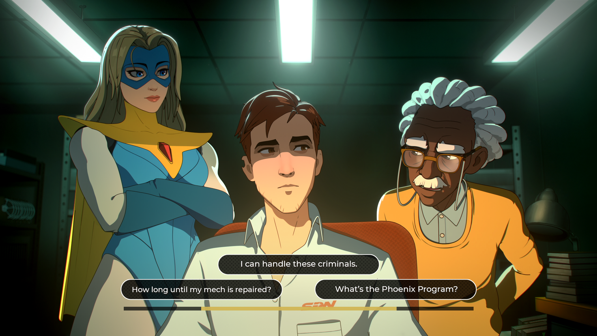 Una escena animada muestra a una superheroína, un joven y un científico mayor en una habitación con opciones de diálogo.