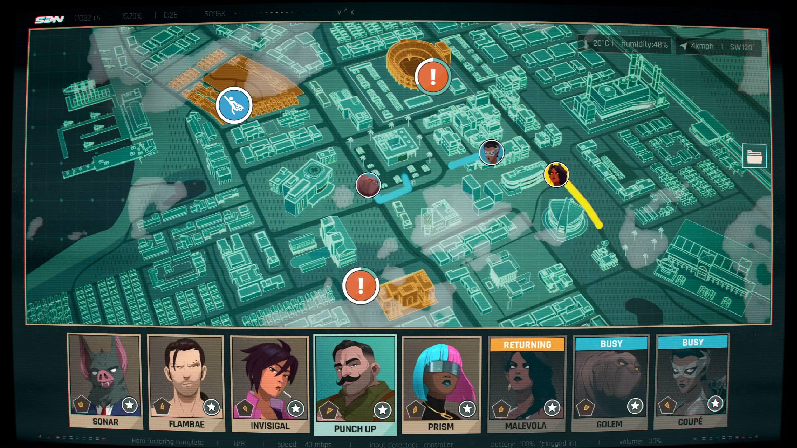 Mapa de la ciudad digital con retratos de personajes abajo y marcadores en la cuadrícula.