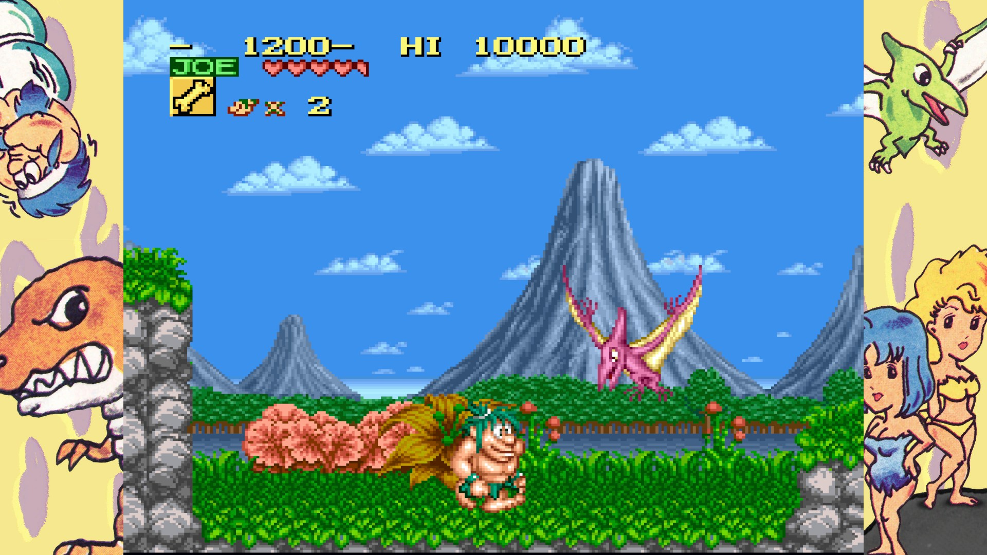 Un videojuego que muestra a un cavernícola en un paisaje tropical con montañas, un río y dinosaurios voladores.