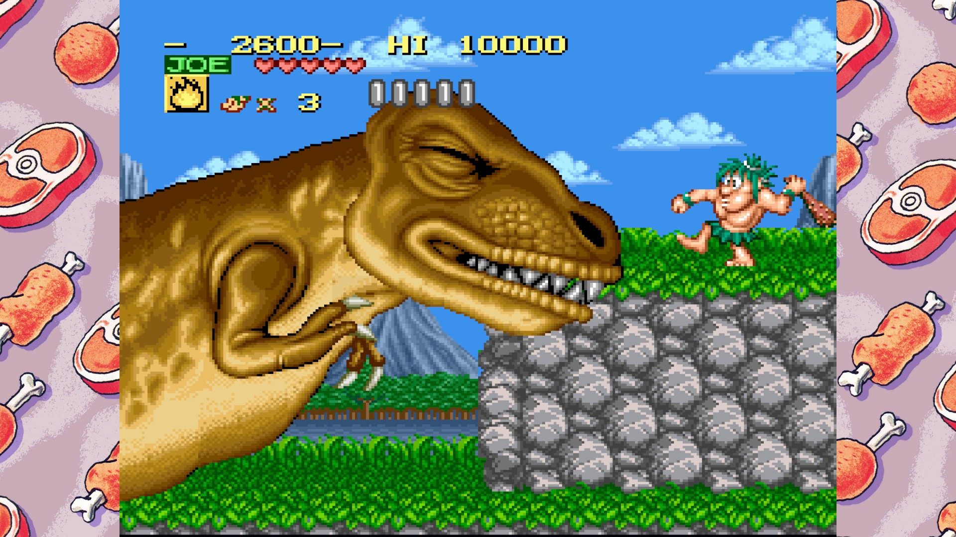 Escena de videojuego retro con un cavernícola frente a un dinosaurio gigante junto a un muro de piedra.