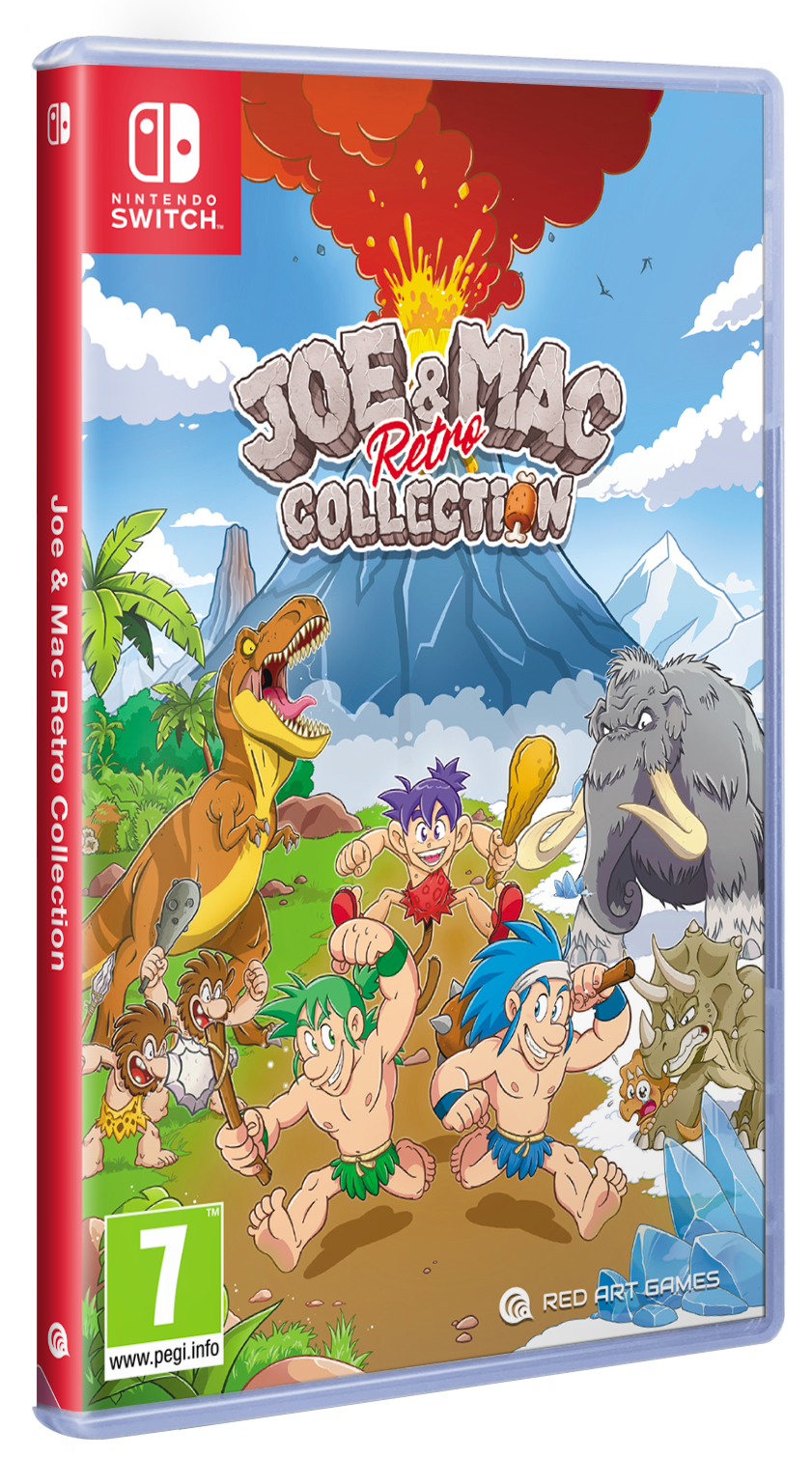 Carátula de Nintendo Switch de Joe & Mac Retro Collection con personajes prehistóricos, un T-Rex y un volcán.