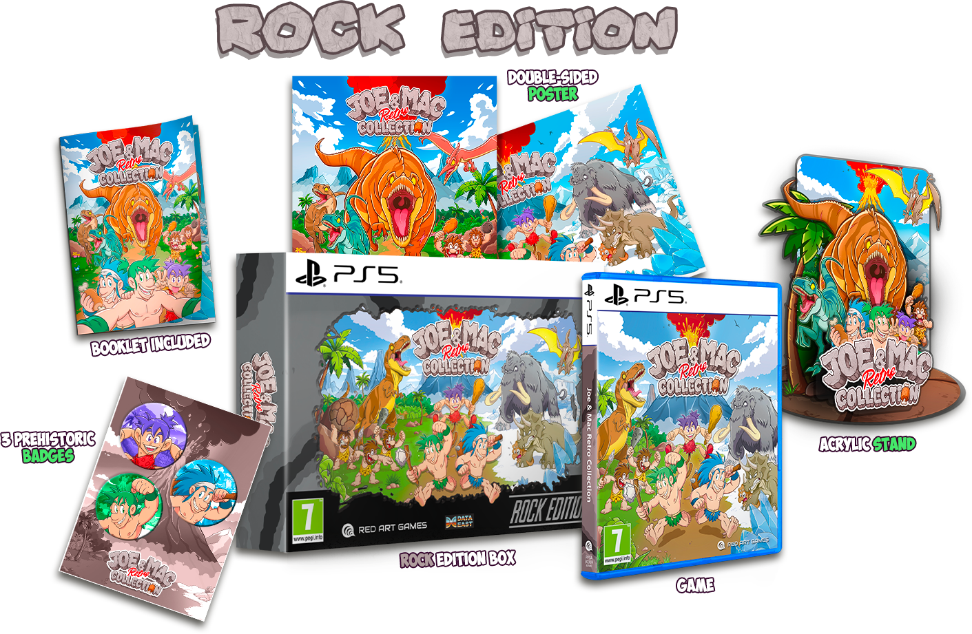 Joe and Mac Retro Collection Rock Edition para PS5 con caja, juego, poster, soporte y chapas.