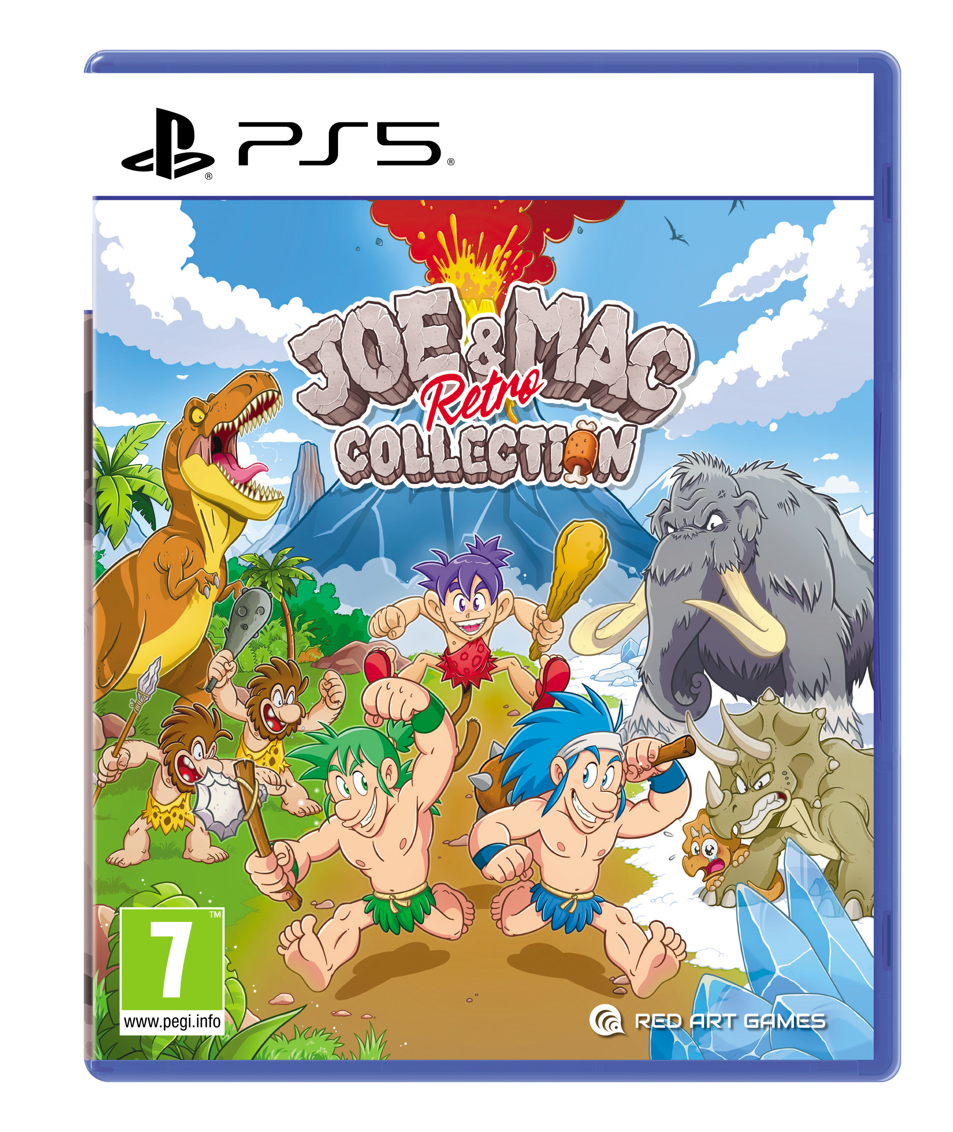 Carátula de PS5 de Joe & Mac Retro Collection con cavernícolas, dinosaurios y un volcán.