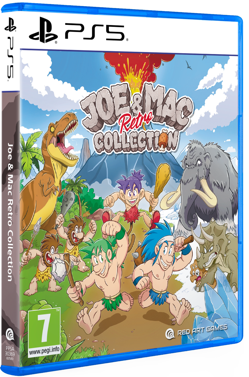 Carátula del juego de PS5 Joe & Mac Retro Collection con personajes prehistóricos, dinosaurios y un volcán.
