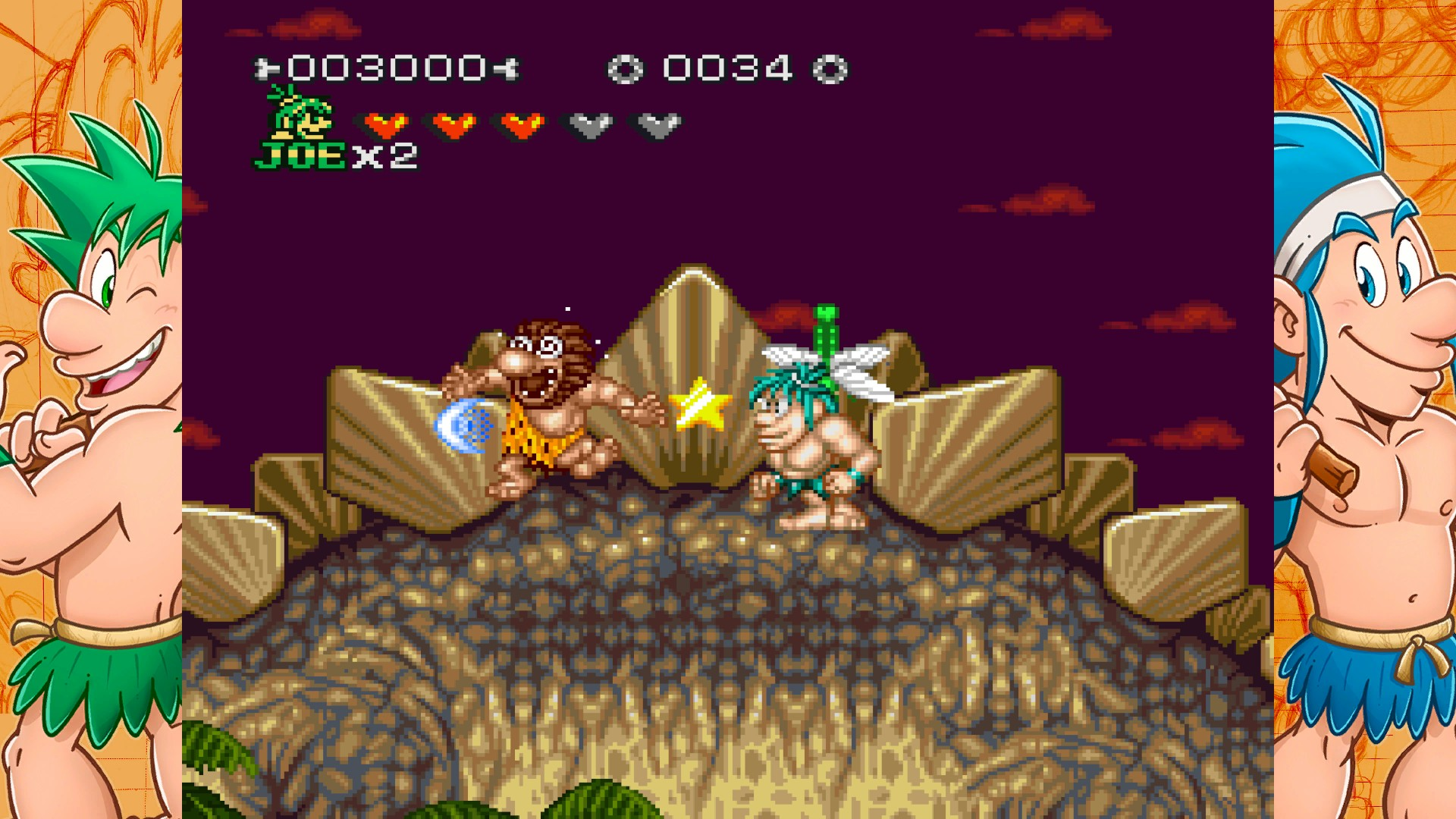 Escena de juego de píxeles que muestra a dos cavernícolas luchando en una estructura rocosa.