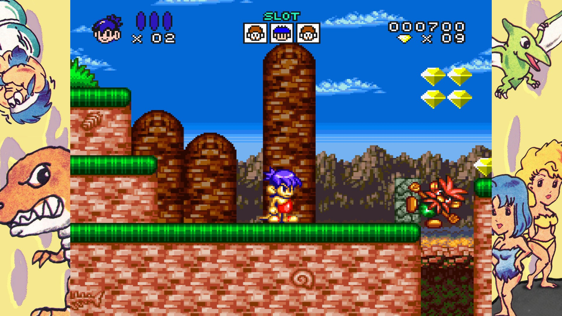 Juego de plataformas pixelado con un personaje de pelo azul, rocas rojas y diamantes amarillos bajo el cielo azul.