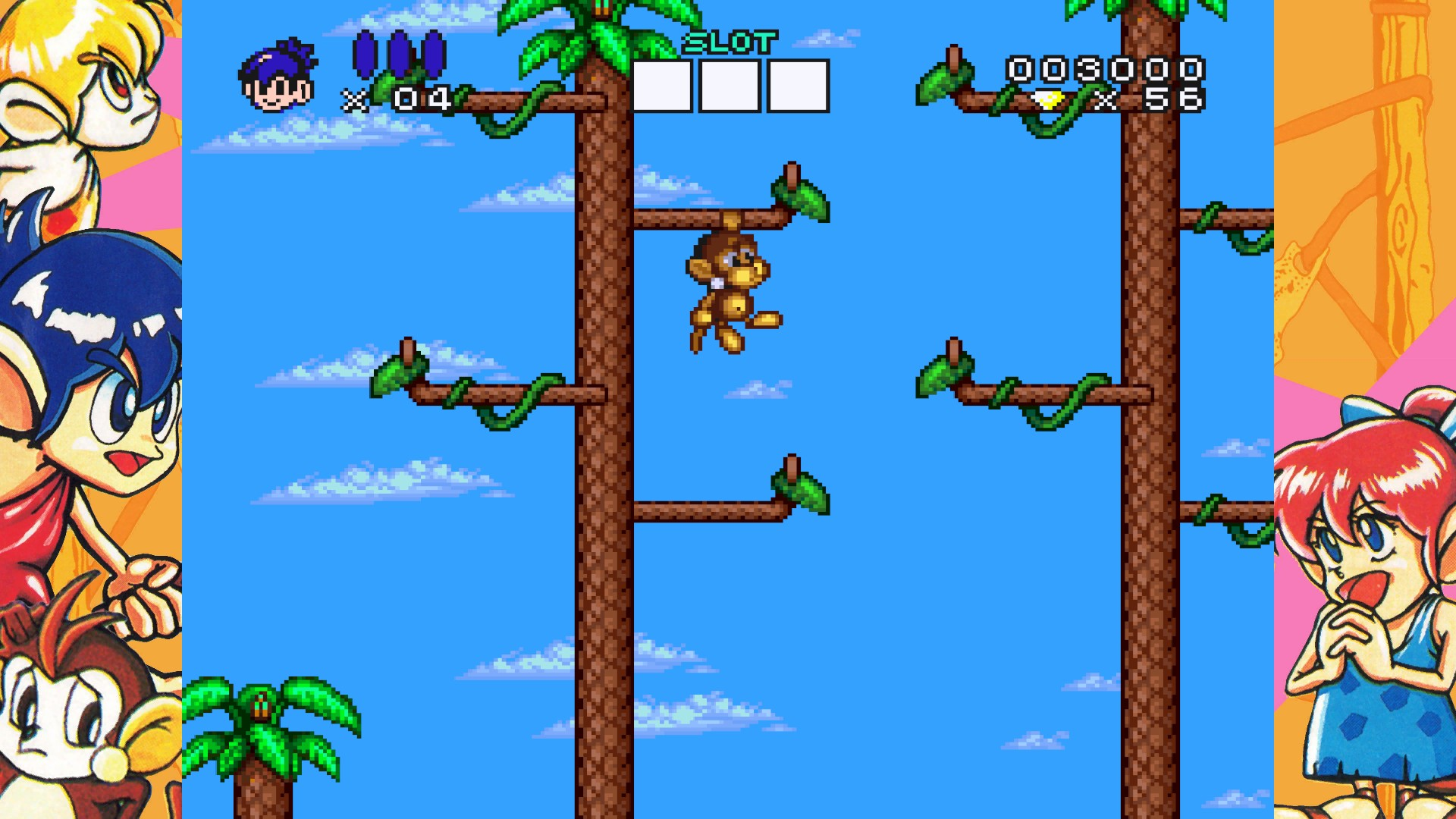Un videojuego con un mono colgando de ramas de árboles en la jungla bajo un cielo azul.