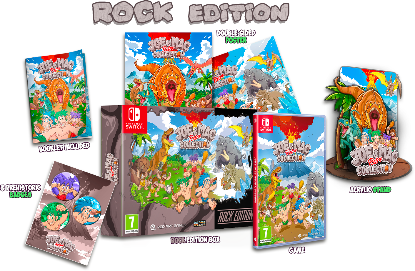 Joe & Mac Retro Collection Rock Edition para Nintendo Switch con caja, juego, poster, soporte y chapas.