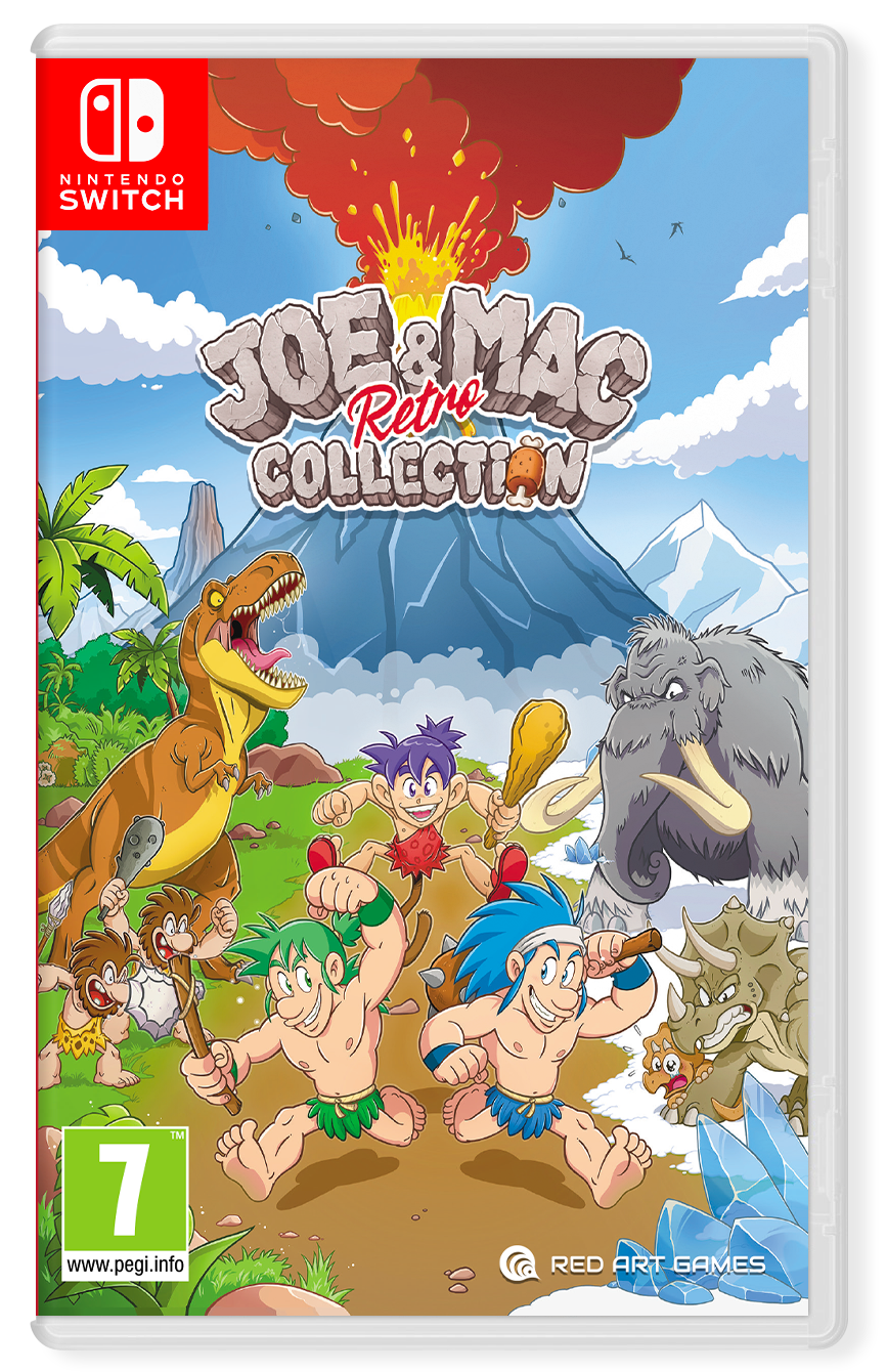 Carátula de juego de Nintendo Switch con cavernícolas de dibujos animados, dinosaurios y un volcán activo.