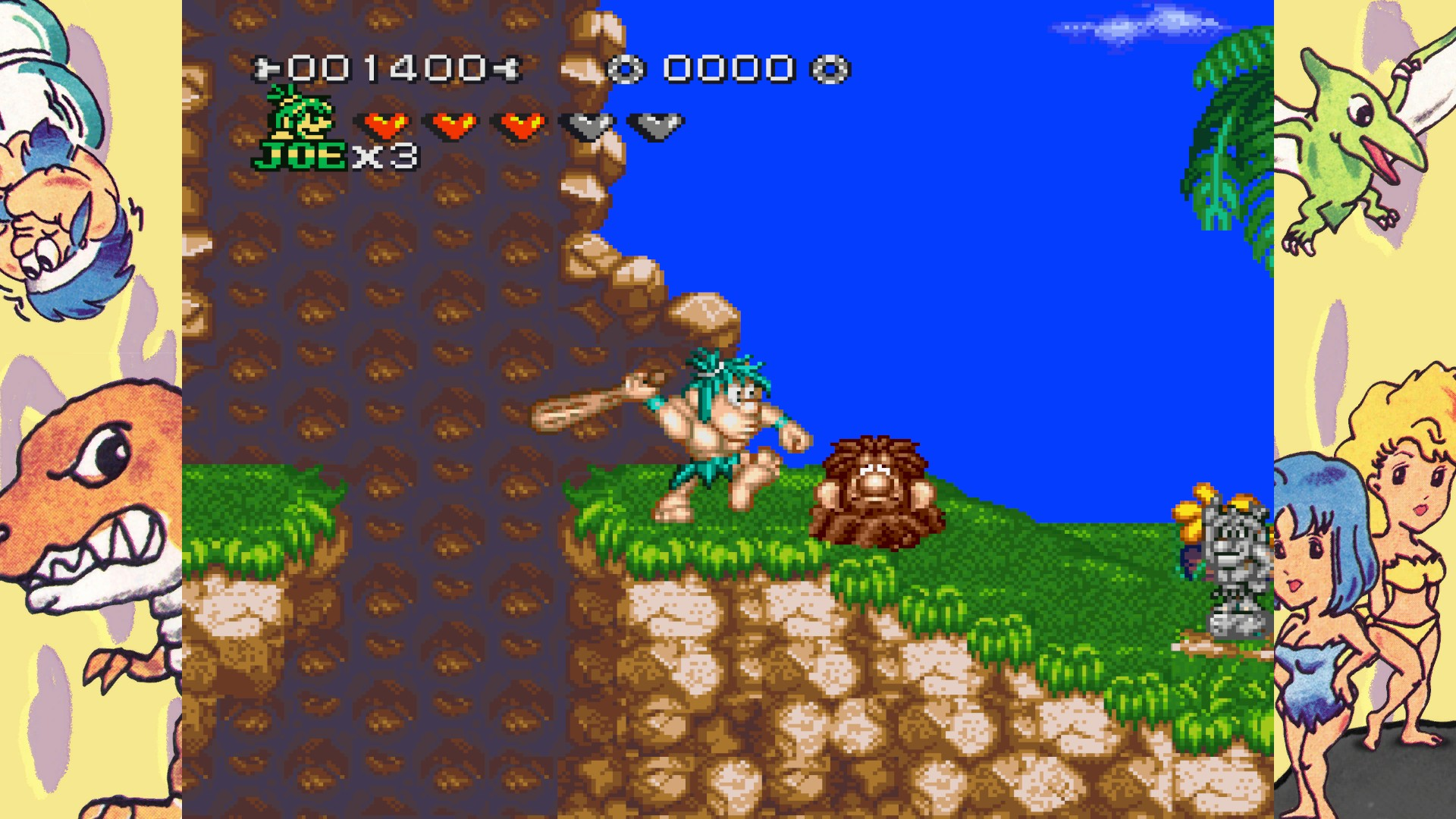 Un cavernícola con porra y pelo verde está en un acantilado rocoso en un videojuego.