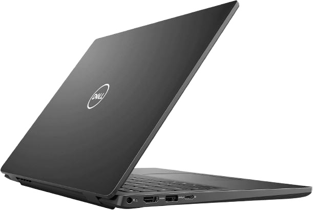 Una laptop Dell negra con la pantalla abierta, vista de lado y de espaldas sobre un fondo blanco.