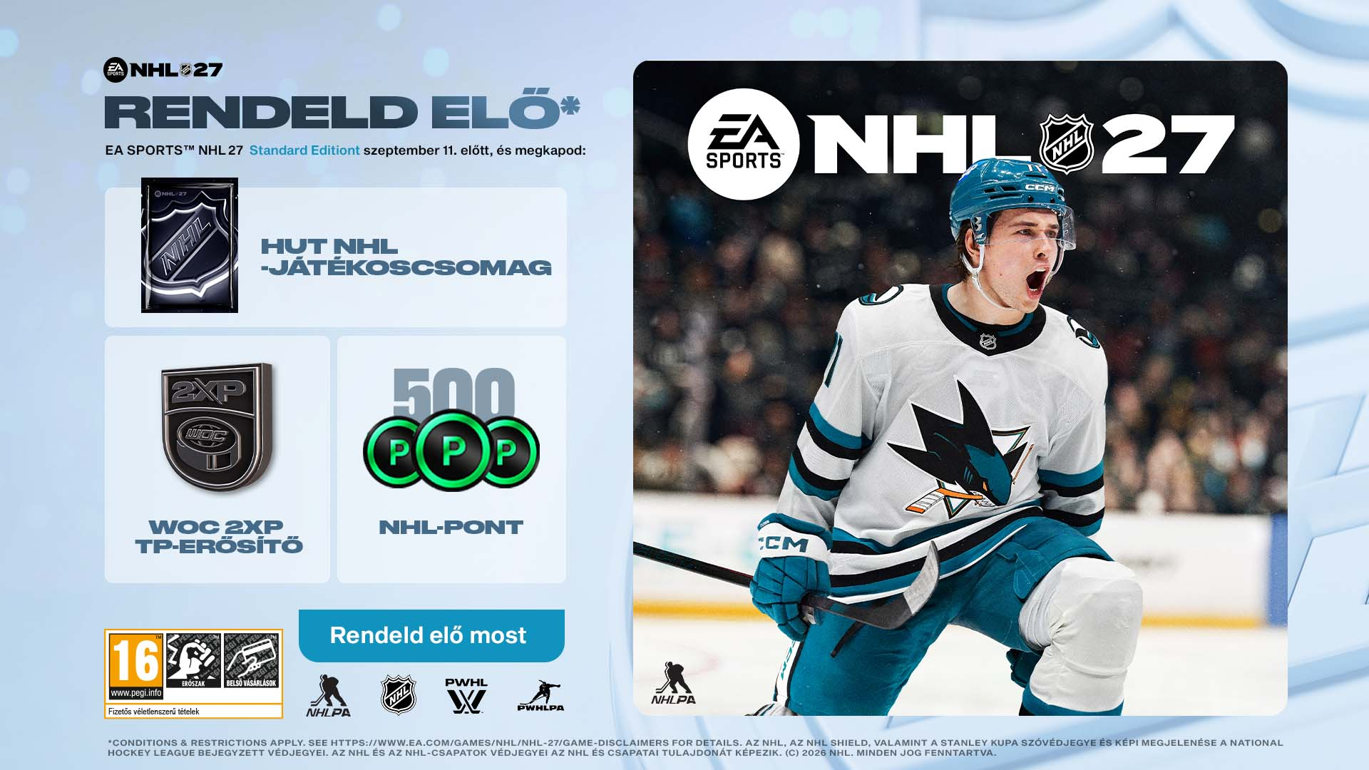 Jégkorongozó kék felszerelésben az EA Sports NHL 27 promóciós bannerén.