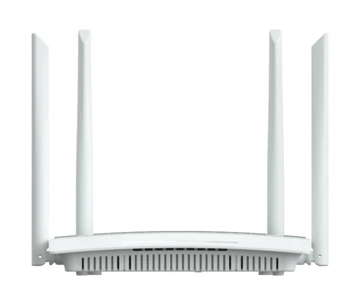 Biały router Wi-Fi z czterema pionowymi antenami na gładkim, białym tle.