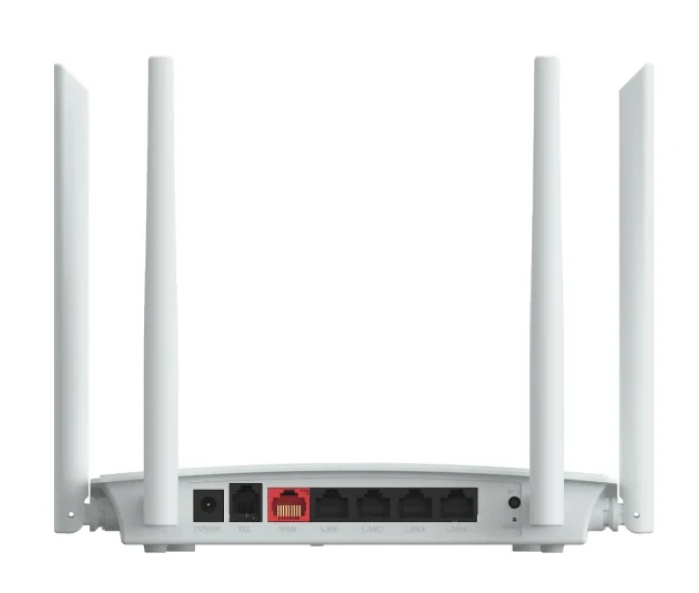 Widok z tyłu białego routera Wi-Fi z czterema antenami i różnymi portami.