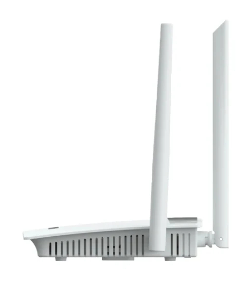 Biały router Wi-Fi z dwiema pionowymi antenami i szczelinami wentylacyjnymi.