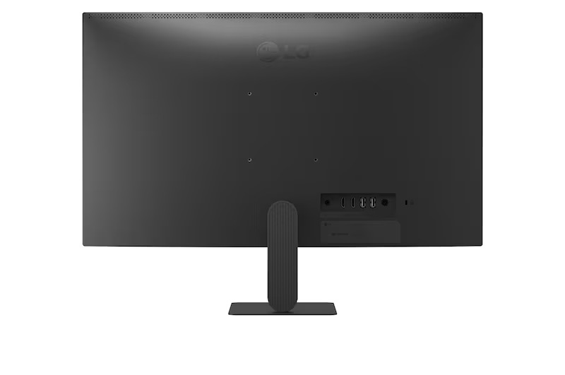 Vista posterior de un monitor LG negro con soporte y puertos visibles.