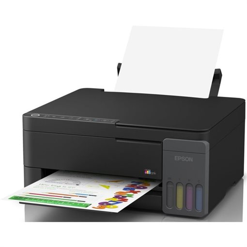Una impresora negra Epson EcoTank con una bandeja de papel con una hoja en blanco y una página impresa saliendo.