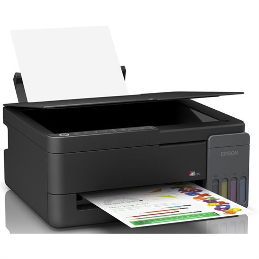 Una impresora de inyección de tinta Epson negra con una hoja en blanco arriba y una hoja impresa saliendo abajo.