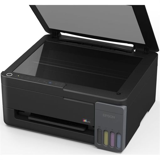 Impresora de inyección de tinta Epson negra con tapa de escáner abierta y depósito de tinta.