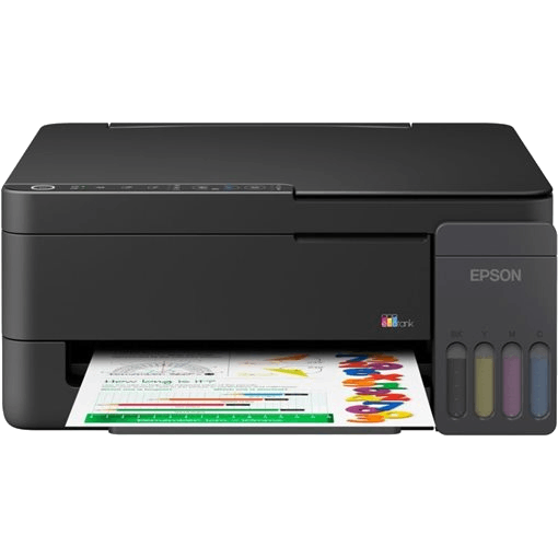 Una impresora negra Epson EcoTank con tanques de tinta visibles y un documento impreso.