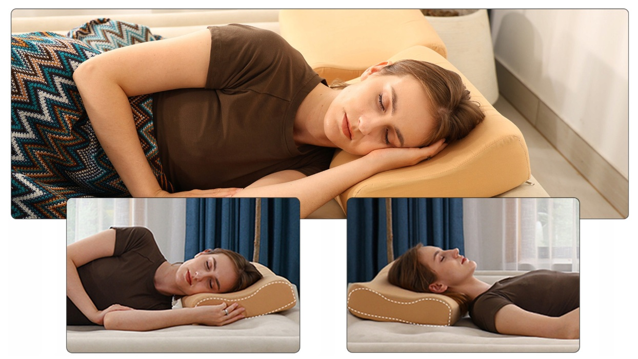 Kobieta śpi wygodnie na ergonomicznym poduszce, pokazana w trzech pozycjach.