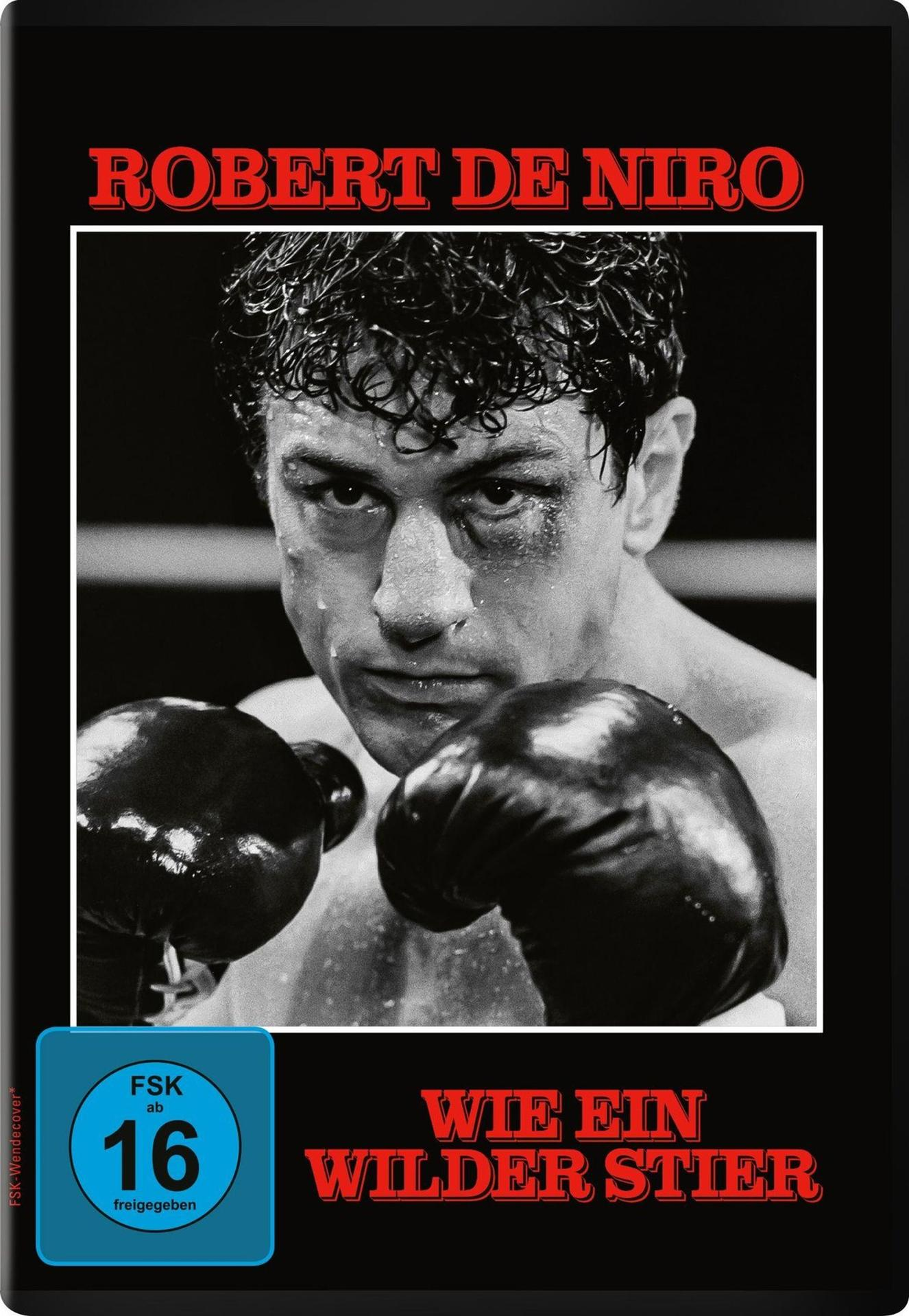 DVD-Cover von Wie ein Wilder Stier mit Robert De Niro in schwarz-weiß und einem FSK-16-Logo.