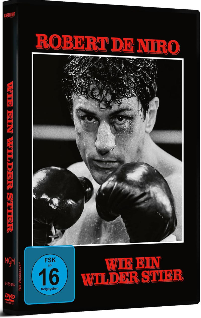 Schwarz-Weiß-DVD-Cover von Raging Bull mit Robert De Niro in Boxhandschuhen und roter Schrift.