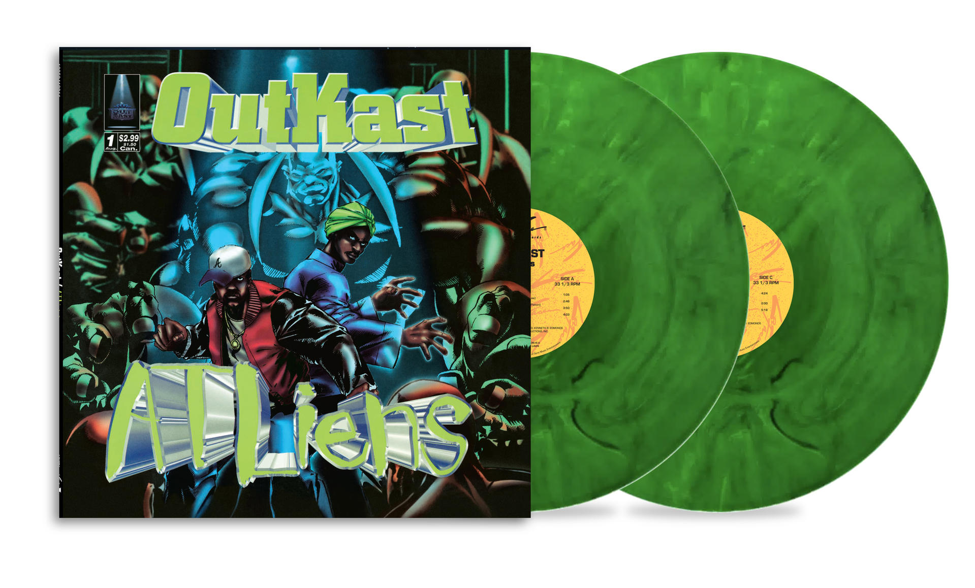 Das OutKast ATLiens Vinyl-Album zeigt ein Comic-Cover und zwei grüne Schallplatten mit gelben Etiketten.