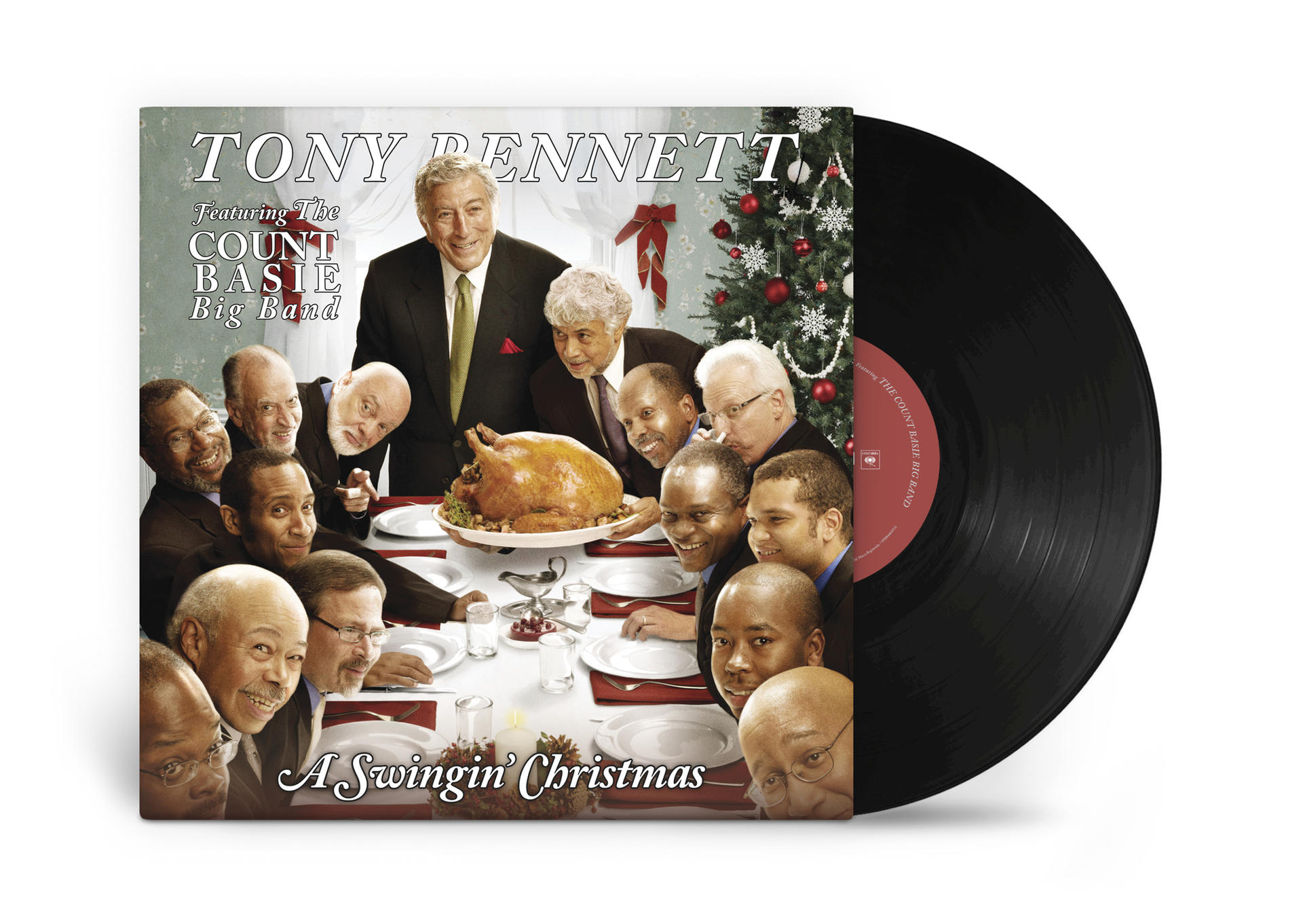 Albumcover von Tony Bennett A Swingin Christmas mit der Count Basie Big Band und einer Schallplatte.