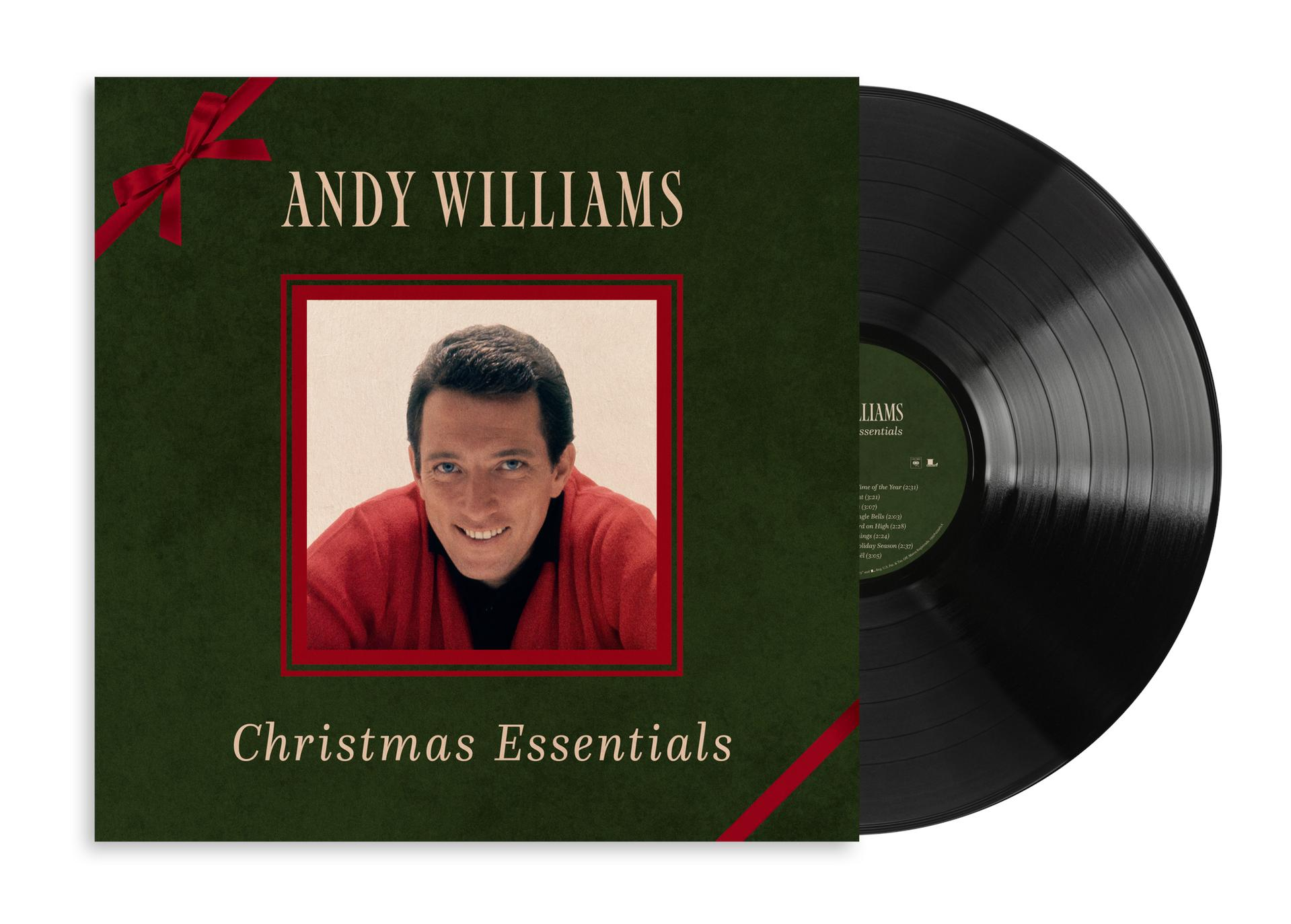 Andy Williams Christmas Essentials Vinyl-Platte mit grünem Cover, roter Schleife und einem Foto des Sängers.