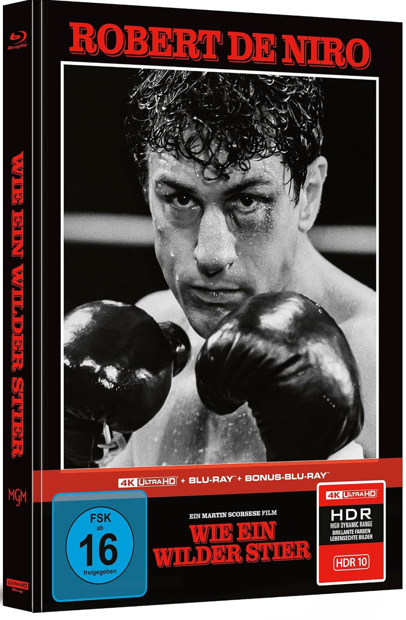 Blu-ray-Hülle des Films Wie ein wilder Stier mit Robert De Niro in schwarz-weiß.